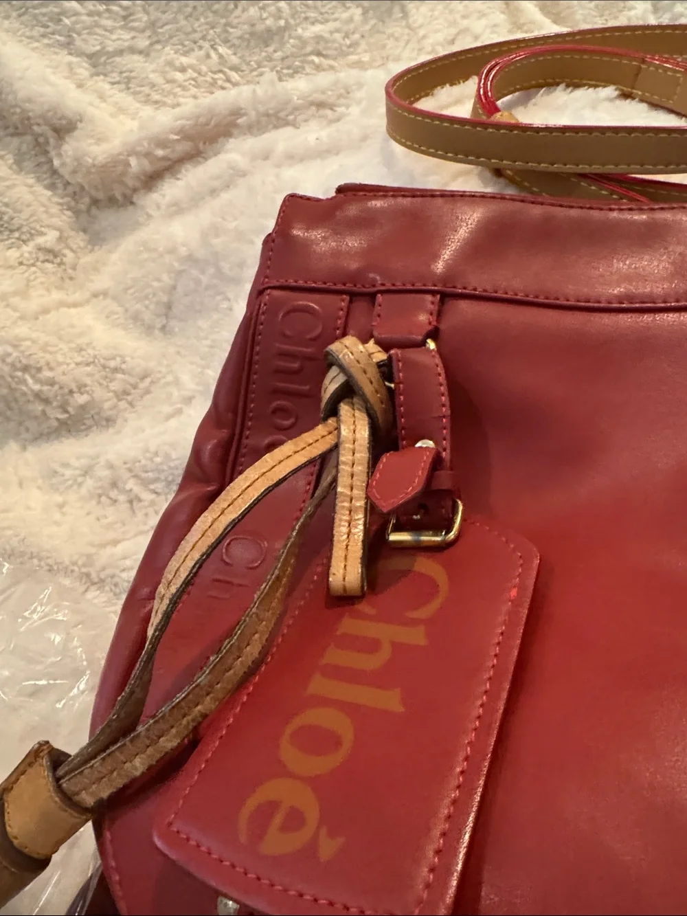 Chloe Red Leather Hobo with Logo Tag and tassel